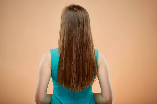 Woman Long Brown Hair Standing Back Isolated Portrait Yellow Brown — Stock Photo, Image