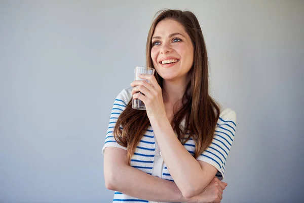 Woman Drinking Water Looking Away Isolated Portrait Ogf Girl Wearing — Stock Photo, Image