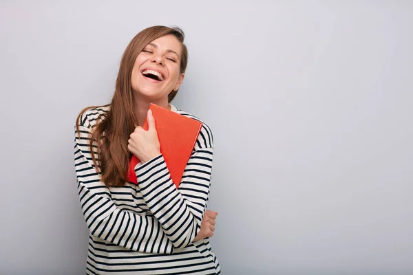 Laughing Happy Young Woman Teacher Student Holding Book Isolated Portrait — Stock Photo, Image