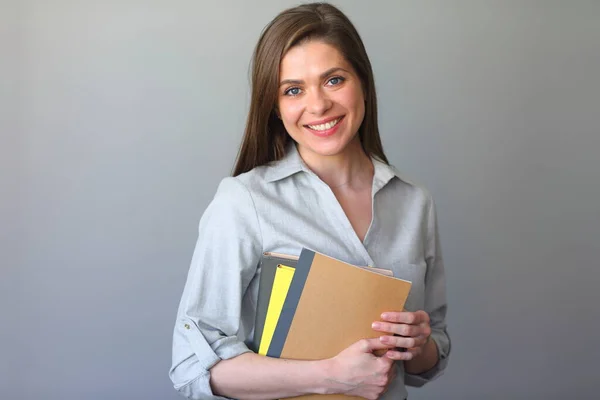 Smiling Young Woman Teacher Work Books — Stock Photo, Image
