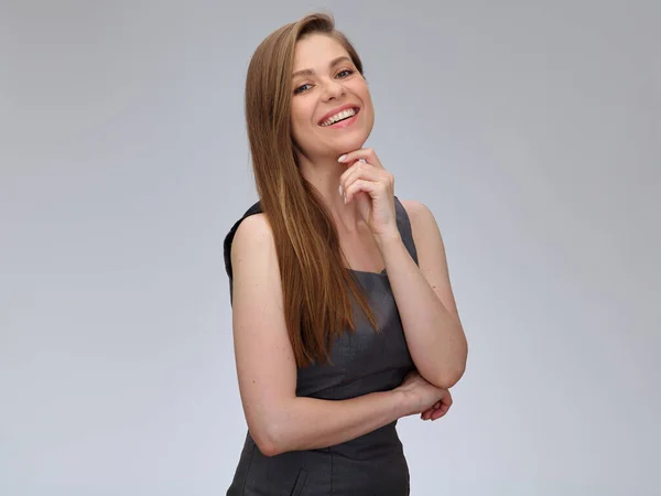 Happy Woman Business Dress Smiling Touching Her Chin Isolated Portrait — Stock Photo, Image