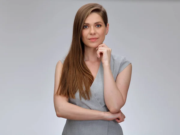 Smiling Thinking Business Woman Touching Her Chin Looking Camera Isolated — Stock Photo, Image