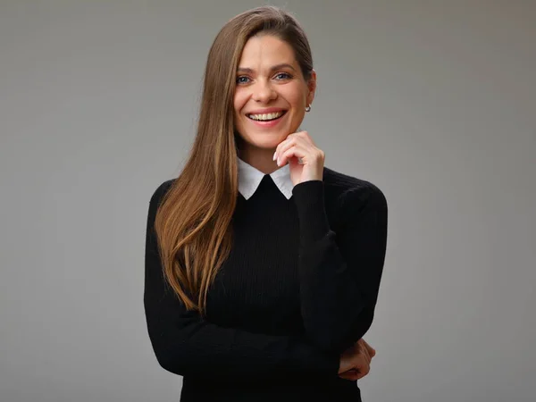 Glimlachende Leraar Vrouw Zwart Pak Met Witte Kraag Aanraken Van — Stockfoto