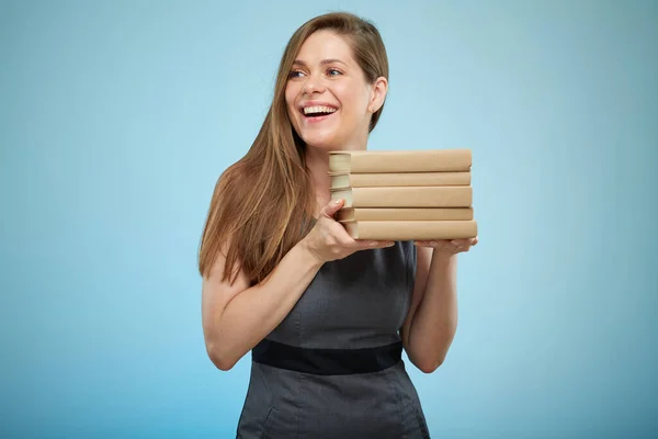 Business woman with books isolated portrait.