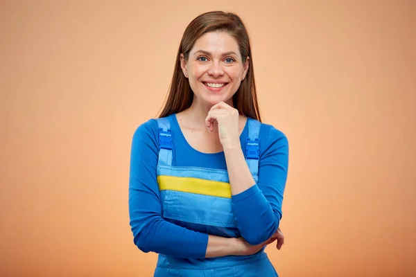 Pensando Mulher Construtora Estudante Macacão Retrato Feminino Isolado Uniforme Trabalho — Fotografia de Stock