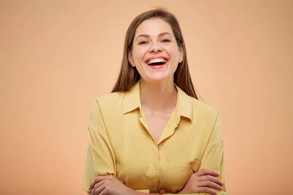 Sorrindo Mulher Feliz Isolado Retrato Fundo Amarelo Jovem Senhora Com — Fotografia de Stock