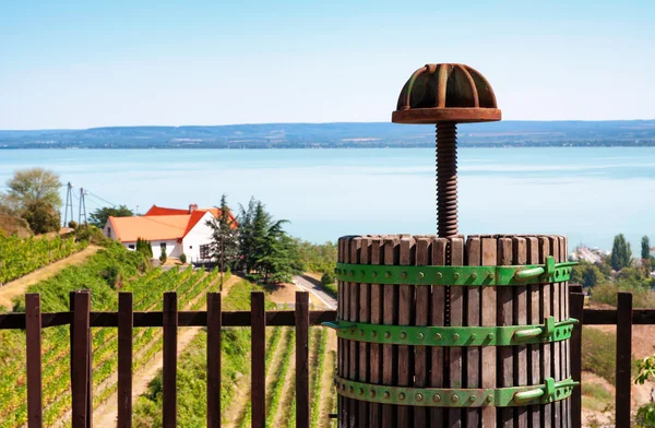 Wina naciśnij nad brzegiem jeziora balaton, Węgry — Zdjęcie stockowe