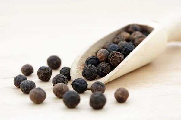 Black pepper in wooden scoop — Stock Photo, Image