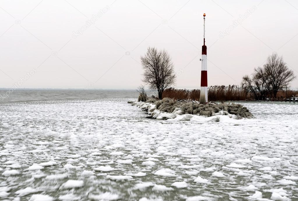 Breakwater at Lake Balaton in winter time, Hungary
