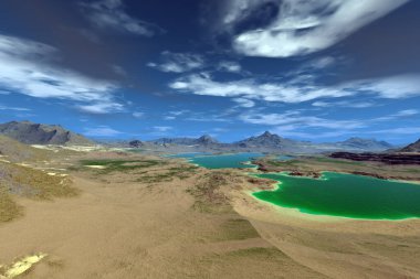 Fantezi uzaylı gezegeni. Dağ ve göl. 3B illüstrasyon