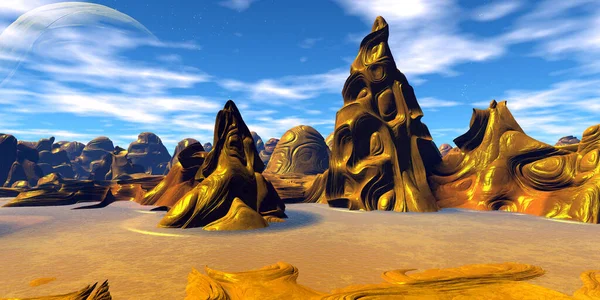 幻想的外星星球剩下的岩石 风化的结果 Butte 3D插图 — 图库照片