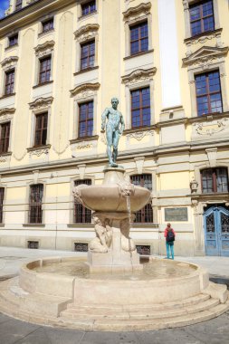 Wroclaw. Çeşme, çıplak bir öğrenci ile
