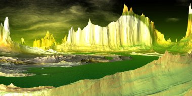 Fantezi uzaylı gezegeni. Dağ ve göl. 3B illüstrasyon