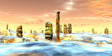 Fantezi uzaylı gezegeni. Kaya kalıntıları. Hava durumu sonucu. Butte. 3B illüstrasyon