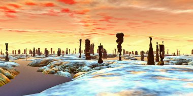 Fantezi uzaylı gezegeni. Kaya kalıntıları. Hava durumu sonucu. Butte. 3B illüstrasyon