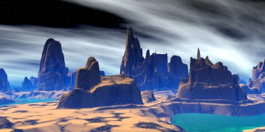 Fantezi uzaylı gezegeni. Dağ ve göl. 3B illüstrasyon