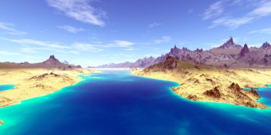 Fantezi uzaylı gezegeni. Dağ ve göl. 3B illüstrasyon