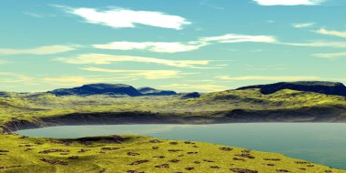 Fantezi uzaylı gezegeni. Dağ ve göl. 3B illüstrasyon