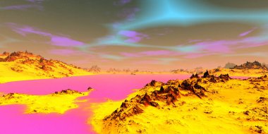 Fantezi uzaylı gezegeni. Dağ ve göl. 3B illüstrasyon