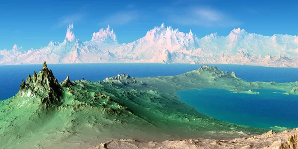 Fantasy Alien Planet Mountain Lake Illustration — Stock Photo, Image