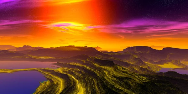 Fantasy Alien Planet Mountain Lake Illustration — Stock Photo, Image