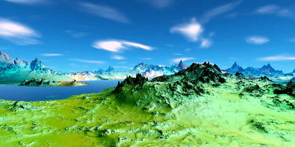 幻想的外星星球山和湖 3D插图 — 图库照片