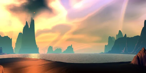 幻想的外星星球山和湖 3D插图 图库图片
