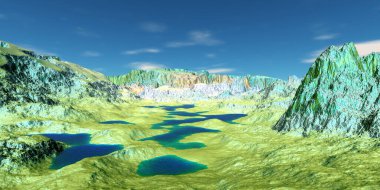 Fantezi uzaylı gezegeni. Dağ ve göl. 3B illüstrasyon