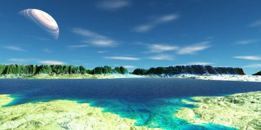 Fantezi uzaylı gezegeni. Dağ ve göl. 3B illüstrasyon