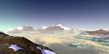 Fantezi uzaylı gezegeni. Dağ ve göl. 3B illüstrasyon