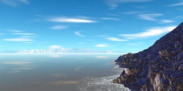 Fantasy Buitenaardse Planeet Berg Meer Illustratie — Stockfoto