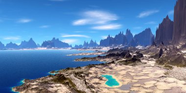 Fantezi uzaylı gezegeni. Dağ ve göl. 3B illüstrasyon