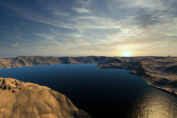 Fantasía Planeta Alienígena Montaña Lago Ilustración —  Fotos de Stock