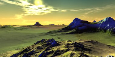 Fantezi uzaylı gezegeni. Dağ. 3B illüstrasyon