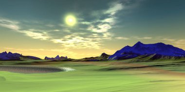 Fantezi uzaylı gezegeni. Dağ ve göl. 3B illüstrasyon