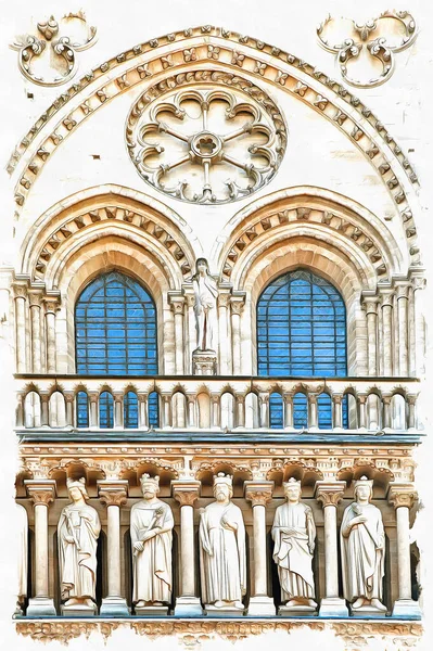 最も有名な大聖堂 フランス ノートルダム パリの景色 キャンバス上の油絵具 写真付きの画像 絵画の模倣 イラスト — ストック写真