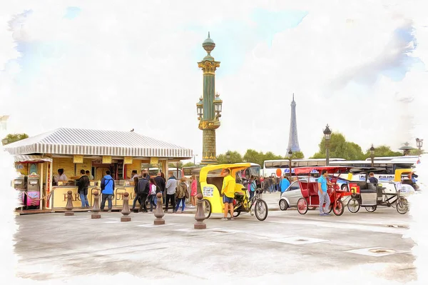 Trishaw Wartet Auf Der Place Concorde Auf Kunden Ölfarbe Auf — Stockfoto