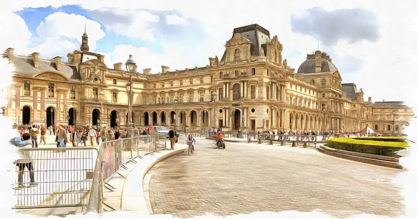 Ünlü Louvre Sanat Galerisinin Manzarası Tuval Üzerine Yağlı Boya Fotoğraflı — Stok fotoğraf