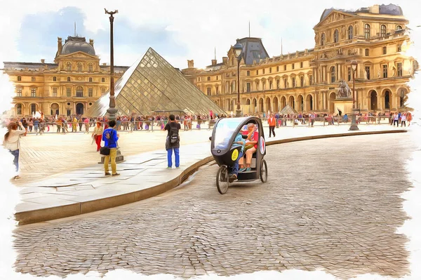 Ünlü Louvre Sanat Galerisinin Manzarası Tuval Üzerine Yağlı Boya Fotoğraflı — Stok fotoğraf