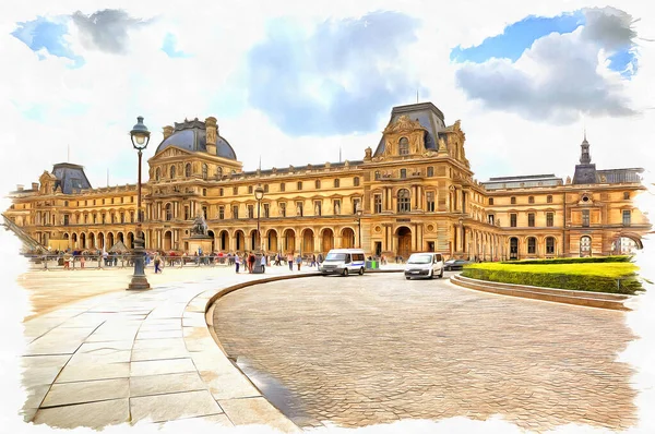 Kilátás Híres Louvre Művészeti Galériára Olajfesték Vásznon Képet Fényképpel Festményutánzatot — Stock Fotó