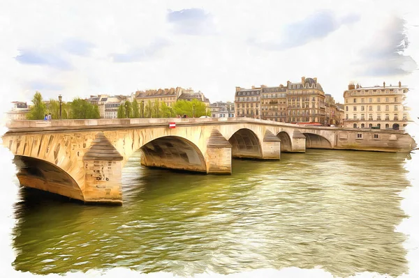 Oude Stenen Brug Seine Olieverf Doek Foto Met Foto Imitatie — Stockfoto