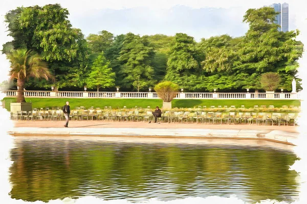 Morning Park Luxembourg Palace Shore Pond Arm Chair Lawn Oil — Stock Photo, Image