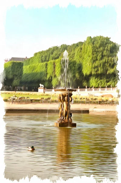 Poranek Parku Pałacu Luksemburga Fontanna Farba Olejna Płótnie Obraz Zdjęciem — Zdjęcie stockowe