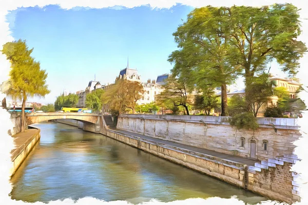 Stadsgezicht Uitzicht Seine Dijk Olieverf Doek Foto Met Foto Imitatie — Stockfoto