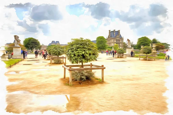 チュイルリー ガーデン パリ市内の歴史的中心部にある宮殿と公園の複合施設の一部 キャンバス上の油絵具 写真付きの画像 絵画の模倣 イラスト — ストック写真