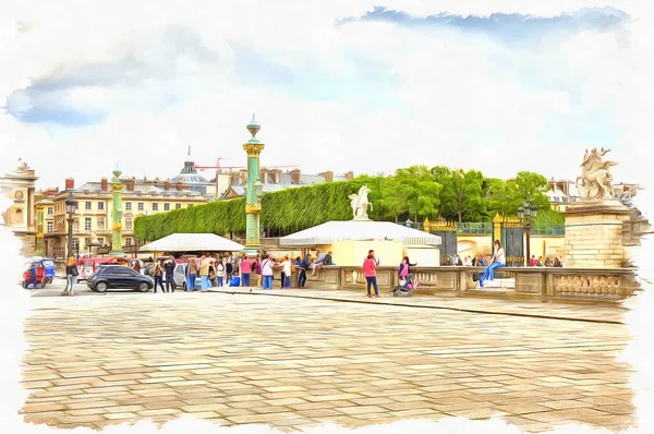 Tourists Citizens Place Concorde Historical Part City Oil Paint Canvas — Stock Photo, Image
