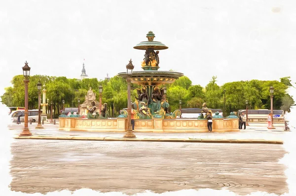 Place Concorde Historical Part City Fountain Oil Paint Canvas Picture — Stockfoto