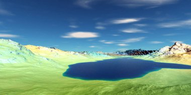 Fantezi uzaylı gezegeni. Dağ ve göl. 3B illüstrasyon