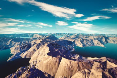 Fantezi uzaylı gezegeni. Dağ ve göl. 3B illüstrasyon