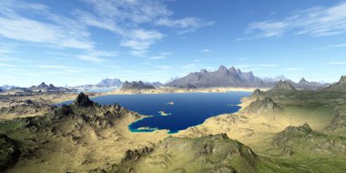 Fantezi uzaylı gezegeni. Dağ ve göl. 3B illüstrasyon